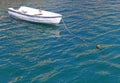 White rowing boat anchoring in green water