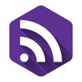 White RSS icon isolated with long shadow. Radio signal. RSS feed symbol. Purple hexagon button Royalty Free Stock Photo