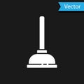 White Rubber plunger with wooden handle for pipe cleaning icon isolated on black background. Toilet plunger. Vector Royalty Free Stock Photo