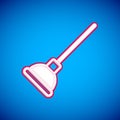 White Rubber plunger with wooden handle for pipe cleaning icon isolated on blue background. Toilet plunger. Vector Royalty Free Stock Photo