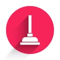 White Rubber plunger with wooden handle for pipe cleaning icon isolated with long shadow. Toilet plunger. Red circle Royalty Free Stock Photo