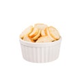 White ruddy sliced bread as croutons in white ceramics bowl isolated on white background. Royalty Free Stock Photo