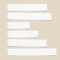 White ruled horizontal torn note, notebook, copybook paper sheets stuck on brown squared pattern