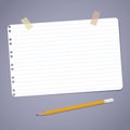 White ruled note, notebook, copybook paper stuck on blue background with pencil. Royalty Free Stock Photo