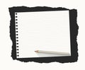 White ruled notebook paper sheet are on black ripped background with wooden pencil