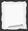 White ruled notebook paper sheet are on gray ripped background with wooden pencil