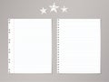 White ruled, striped notebook, copybook paper sheets and stars on gray background.