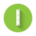 White Ruler icon isolated with long shadow. Straightedge symbol. Green circle button. Vector