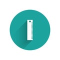 White Ruler icon isolated with long shadow. Straightedge symbol. Green circle button. Vector