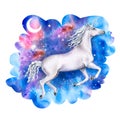 White running unicorn in the night cosmic sky. Galaxy with stars Royalty Free Stock Photo