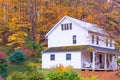 White Rural Holiday Vacation Wooden House surrounded by Natural Forest Background. Exterior, Architectural Building and Landscape