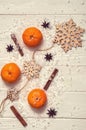 White rustic table with tangerines, cinnamon sticks, anise-star, wooden snowflakes, artificial snow. Vertical Christmas background Royalty Free Stock Photo