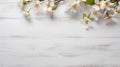 white rustic wooden texture table top view with blossoming spring flowers, with copy space