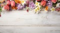 white rustic wooden texture table top view with blossoming spring flowers, with copy space