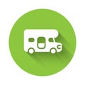 White RV motorhome vehicle icon isolated with long shadow background. Camper mobile home, mobile home for summer trip