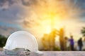 White safety helmet hat for worker at construction site blur backgrounders Royalty Free Stock Photo