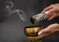 White sage incense and singing bowl Royalty Free Stock Photo