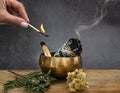 White sage incense and singing bowl Royalty Free Stock Photo