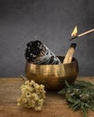 white sage incense and singing bowl Royalty Free Stock Photo