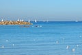 White sail sailboats float in a blue sea. Seagulls seat on the calm water surface. Tel Aviv Mediterranean seascape Royalty Free Stock Photo