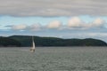 White sailboat cruising in the Salish Sea and San Juan Islands, forested island and blue sky with white clouds in the background Royalty Free Stock Photo