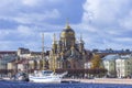 White sailboat on the embankment near the Assumption courtyard of the Vvedensky monastery Optina Deserts