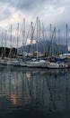 White sailboat moored at sunset