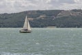 A white sailboat sails on wind-rippled water on Lake Trasimeno near Passignano, Italy Royalty Free Stock Photo