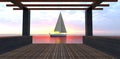 White sailing yacht in front of the sunset. The red sun is reflected in the water. View from the wooden pier. 3d render Royalty Free Stock Photo