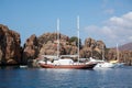 White sailing yacht moored in Aegean sea near Turkey coast. Luxury white boat yacht. Ships in sea. Sea traveling. View Royalty Free Stock Photo