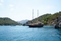 White sailing yacht moored in Aegean sea near Turkey coast. Luxury white boat yacht. Ships in sea. Sea traveling. View Royalty Free Stock Photo