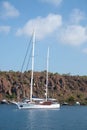 White sailing yacht moored in Aegean sea near Turkey coast. Luxury white boat yacht. Ships in sea. Sea traveling. View Royalty Free Stock Photo