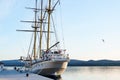 White sailing yacht is moored off the coast of Tivat. Montenegro