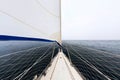 White sailing yacht sailing, view from the bow of the ship. Wide abstract panorama