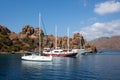 White sailing yachts moored in Aegean sea near Turkey coast. Luxury white boat yacht. Ships in sea. Sea traveling. View Royalty Free Stock Photo