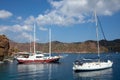 White sailing yachts moored in Aegean sea near Turkey coast. Luxury white boat yacht. Ships in sea. Sea traveling. View Royalty Free Stock Photo