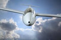 White sailplane flying through rain clouds