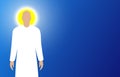 White saint man with a round yellow halo on a blue horizontal background, vector illustration.