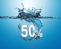White sale fifty percent dropped into water with splash on blu