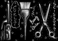 Chalk drawn style instruments, tools, furniture, and calligraphy words on the flat black background