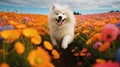 White Samoyed dog in the field of flowers