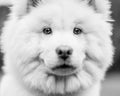 A White Samoyed Puppy portrait of its face very close looking at the camera