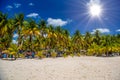 White sand beach with cocos palms, Isla Mujeres island, Caribbean Sea, Cancun, Yucatan, Mexico Royalty Free Stock Photo