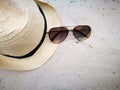 White sand beach with Hat and sun glasses at Hua Hin beach, item and accessories for summer vacation and hol Royalty Free Stock Photo