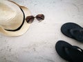 White sand beach with Hat and sun glasses at Hua Hin beach, item and accessories for summer vacation and hol Royalty Free Stock Photo