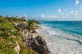 White sand beach and ruins of Tulum, Yuacatan, Mexico Royalty Free Stock Photo