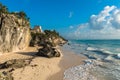 White sand beach and ruins of Tulum, Yuacatan, Mexico Royalty Free Stock Photo