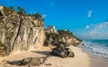 White sand beach and ruins of Tulum, Yuacatan, Mexico Royalty Free Stock Photo