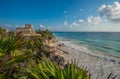 White sand beach and ruins of Tulum, Yuacatan, Mexico Royalty Free Stock Photo