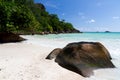 White sand beach on the Seychelles with big rocks and green plan Royalty Free Stock Photo
